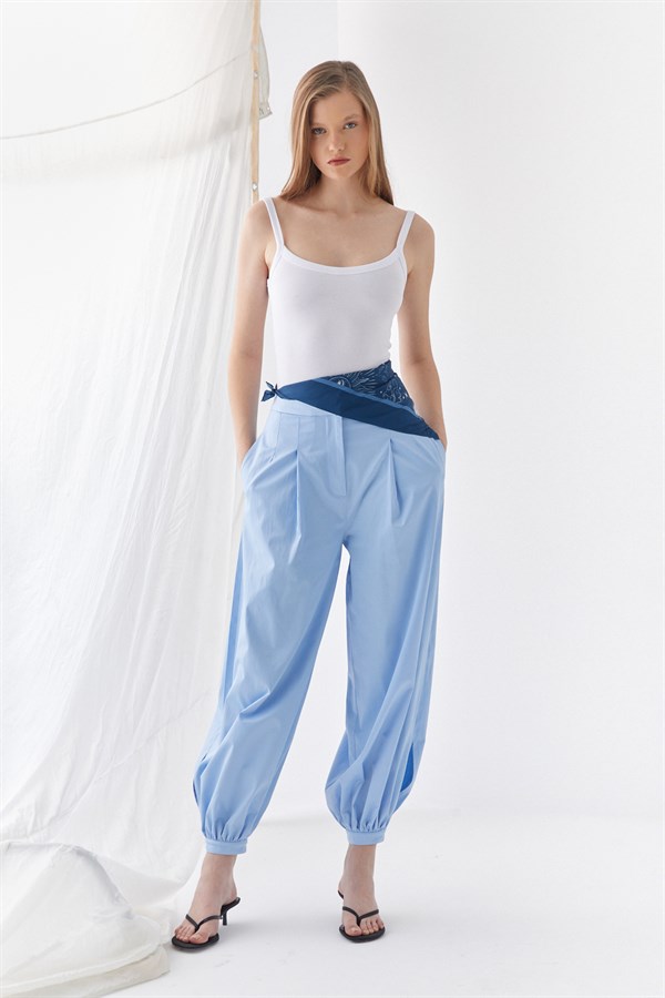 Pileli Jogger Pantolon Mavi