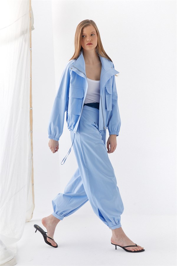 Pileli Jogger Pantolon Mavi