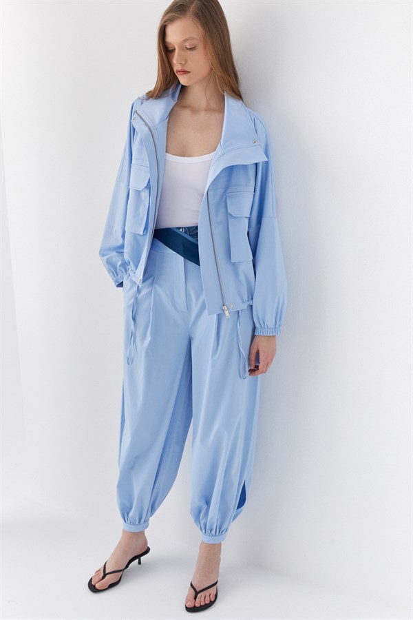 Pileli Jogger Pantolon Mavi