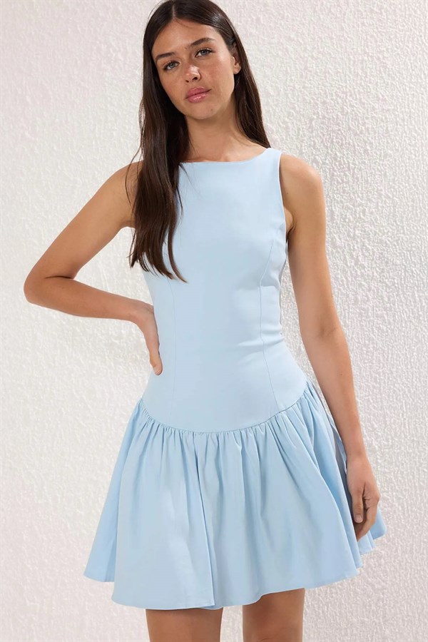 Pileli Kısa Elbise Mavi