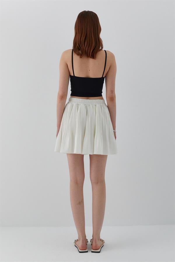 Pileli Şortlu Mini Etek Ekru