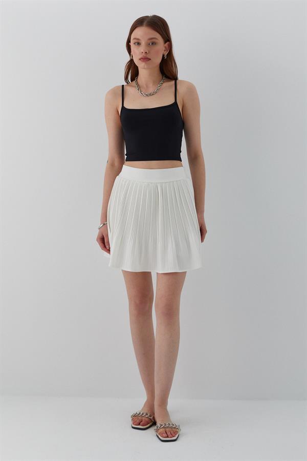 Pileli Şortlu Mini Etek Ekru