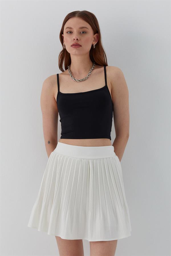 Pileli Şortlu Mini Etek Ekru