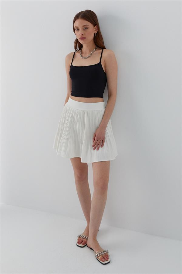 Pileli Şortlu Mini Etek Ekru