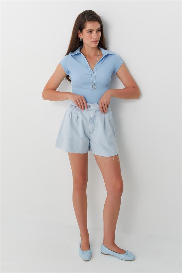 Pileli Yüksek Bel Şort Mavi