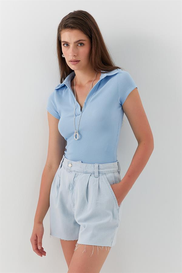 Pileli Yüksek Bel Şort Mavi