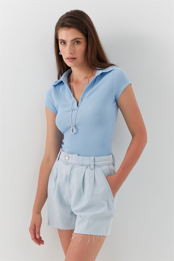 Pileli Yüksek Bel Şort Mavi