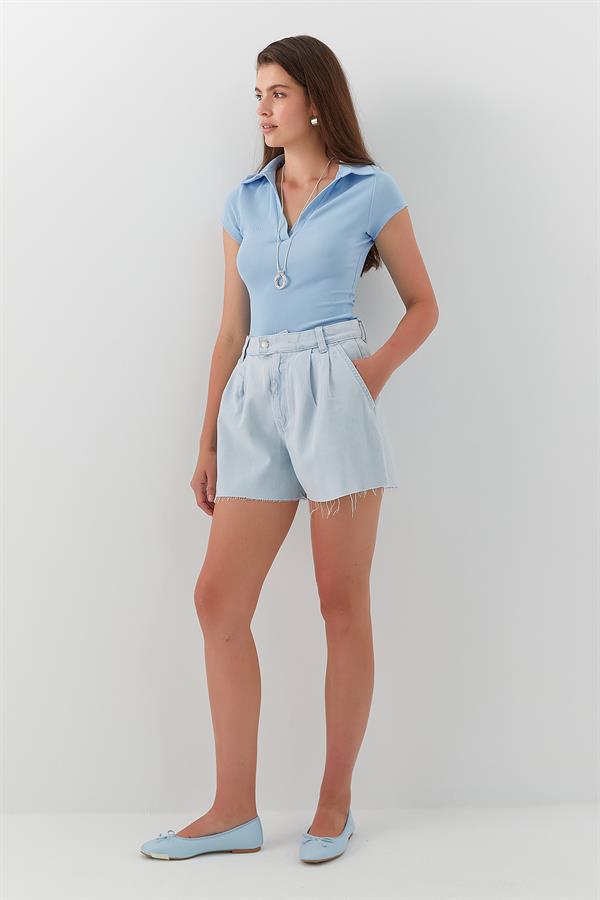 Pileli Yüksek Bel Şort Mavi