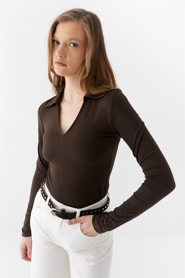 Polo Yaka Bluz Acı Kahve