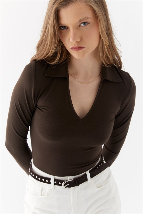 Polo Yaka Bluz Acı Kahve