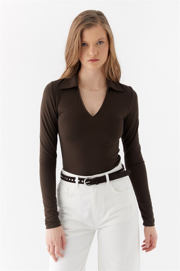 Polo Yaka Bluz Acı Kahve