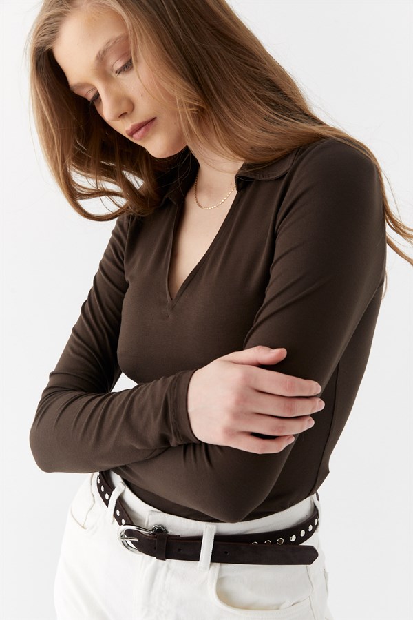 Polo Yaka Bluz Acı Kahve