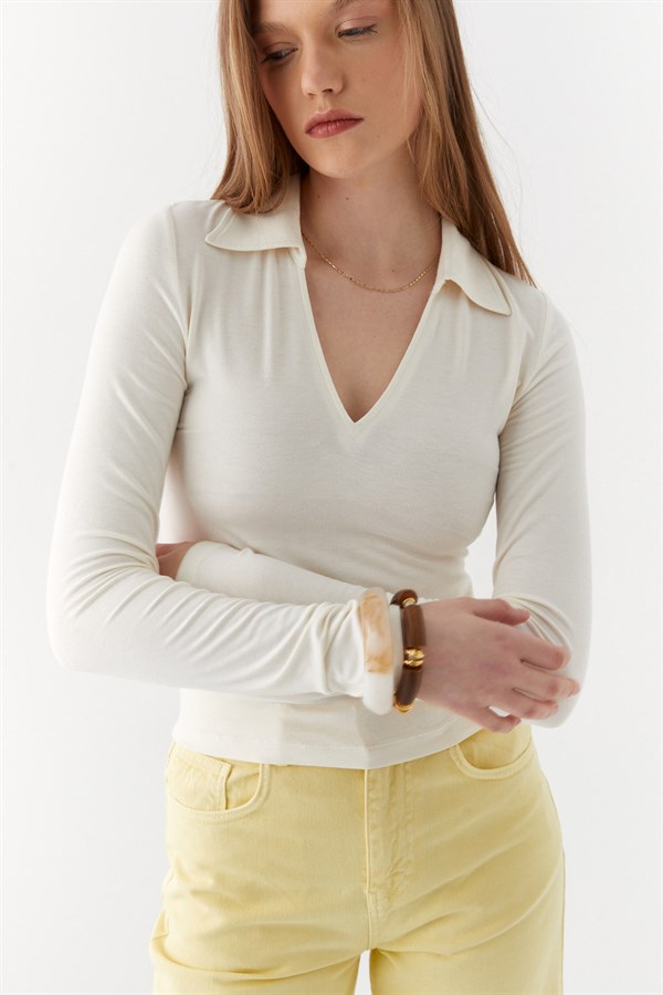 Polo Yaka Bluz Ekru