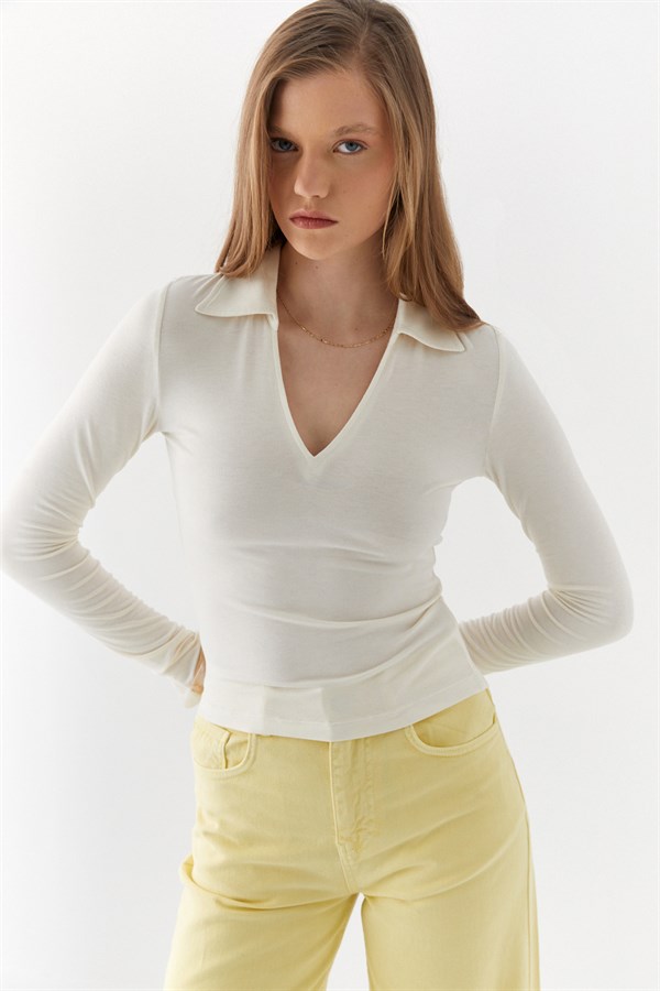 Polo Yaka Bluz Ekru
