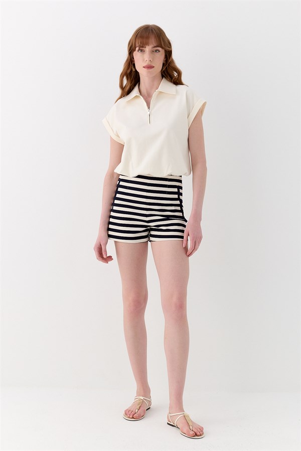 Polo Yaka İnterlok Bluz Ekru