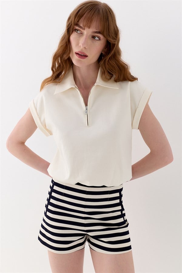 Polo Yaka İnterlok Bluz Ekru