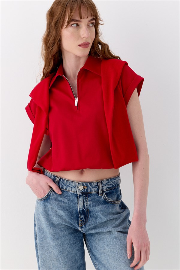 Polo Yaka İnterlok Bluz Kırmızı