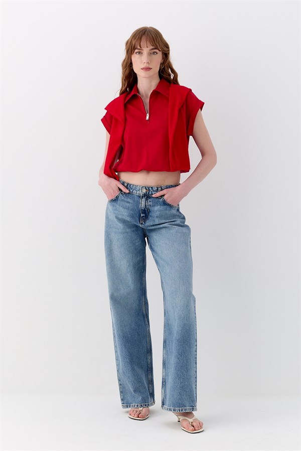Polo Yaka İnterlok Bluz Kırmızı