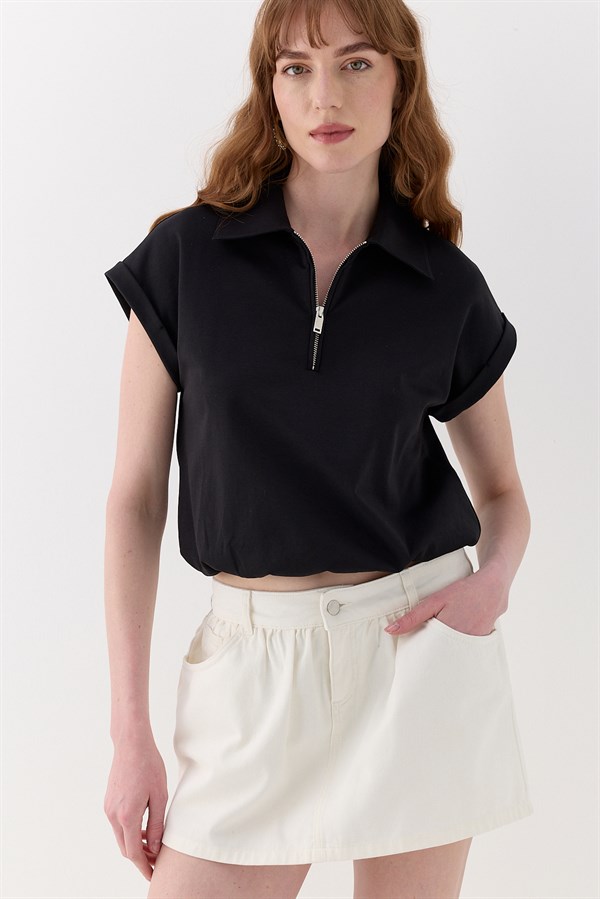 Polo Yaka İnterlok Bluz Siyah