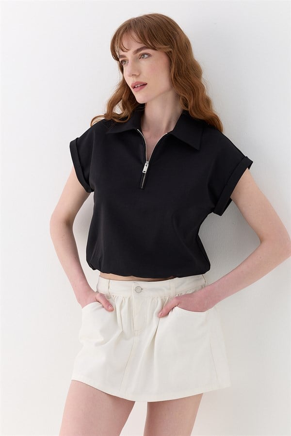 Polo Yaka İnterlok Bluz Siyah