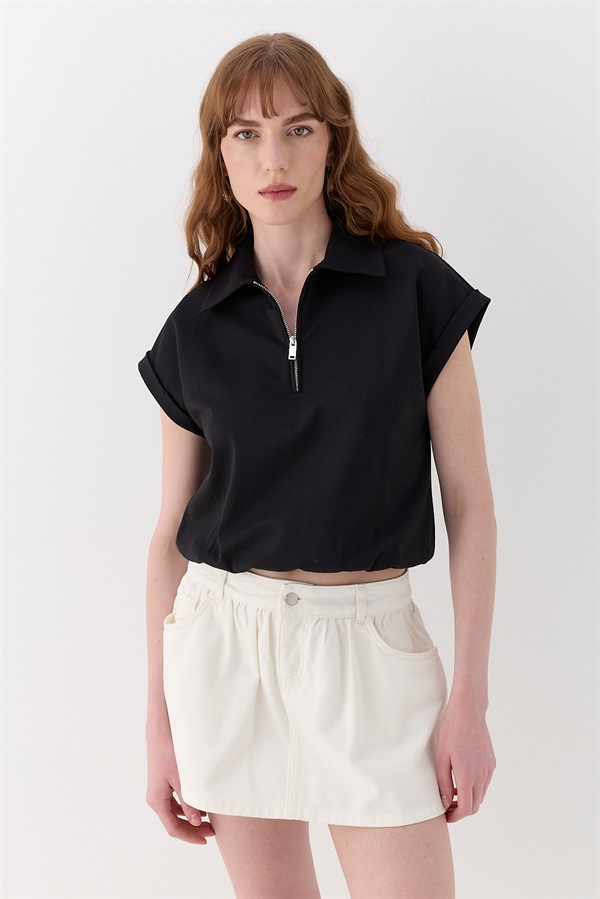 Polo Yaka İnterlok Bluz Siyah