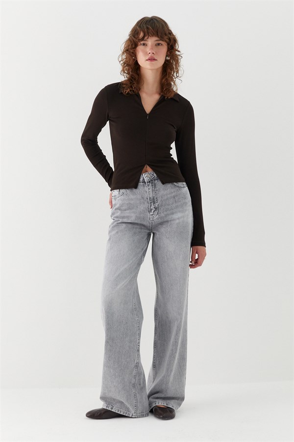 Polo Yaka Önden Gizli Fermuarlı Bluz Acı Kahve