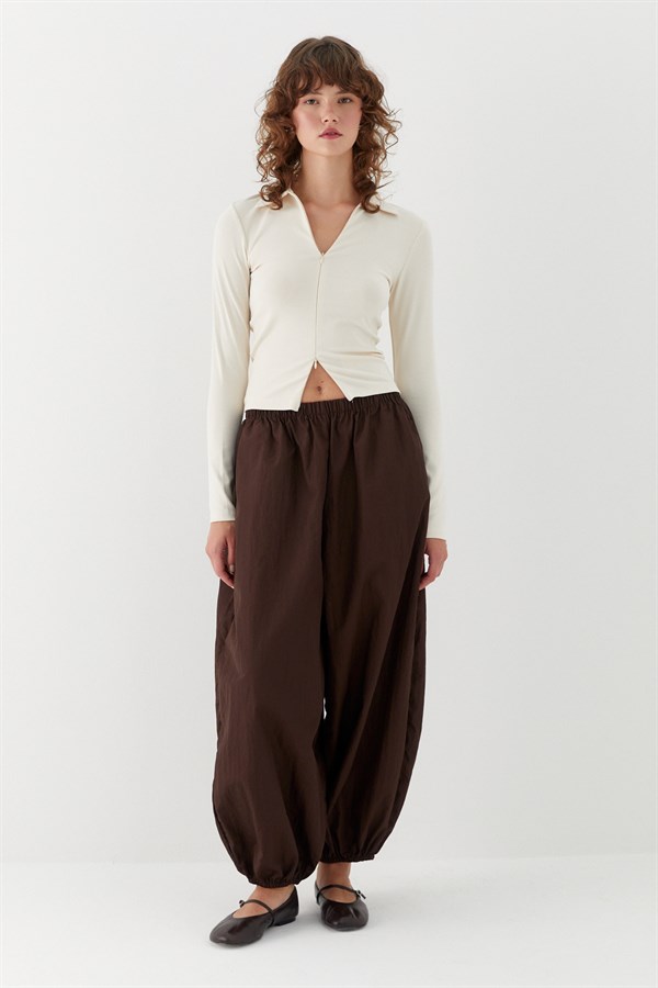 Polo Yaka Önden Gizli Fermuarlı Bluz Ekru