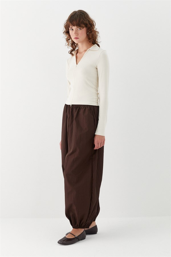 Polo Yaka Önden Gizli Fermuarlı Bluz Ekru