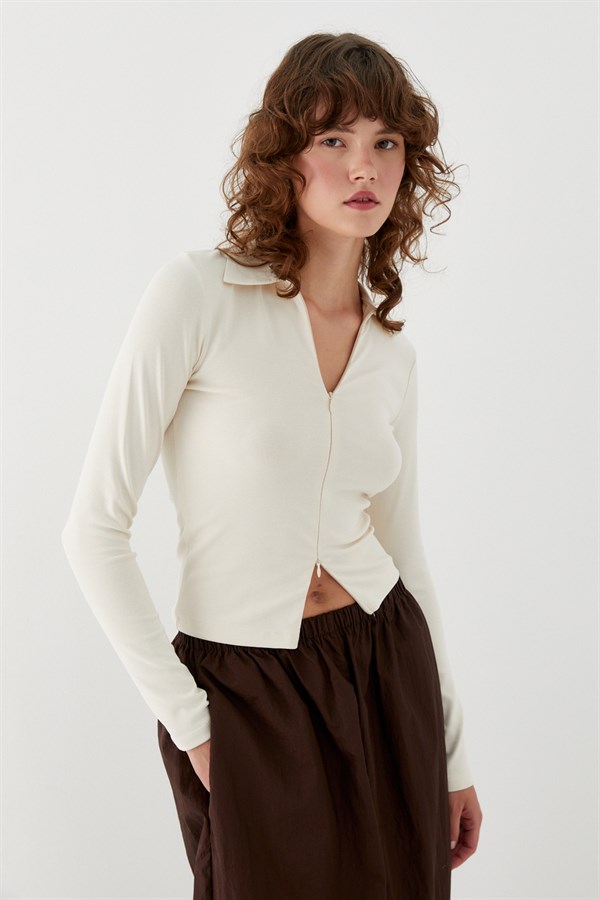 Polo Yaka Önden Gizli Fermuarlı Bluz Ekru