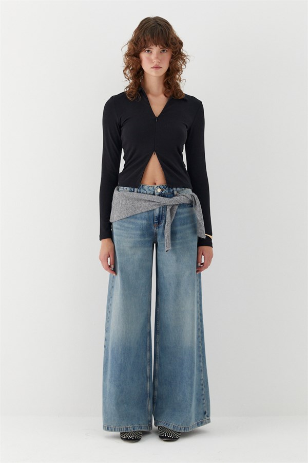 Polo Yaka Önden Gizli Fermuarlı Bluz Siyah