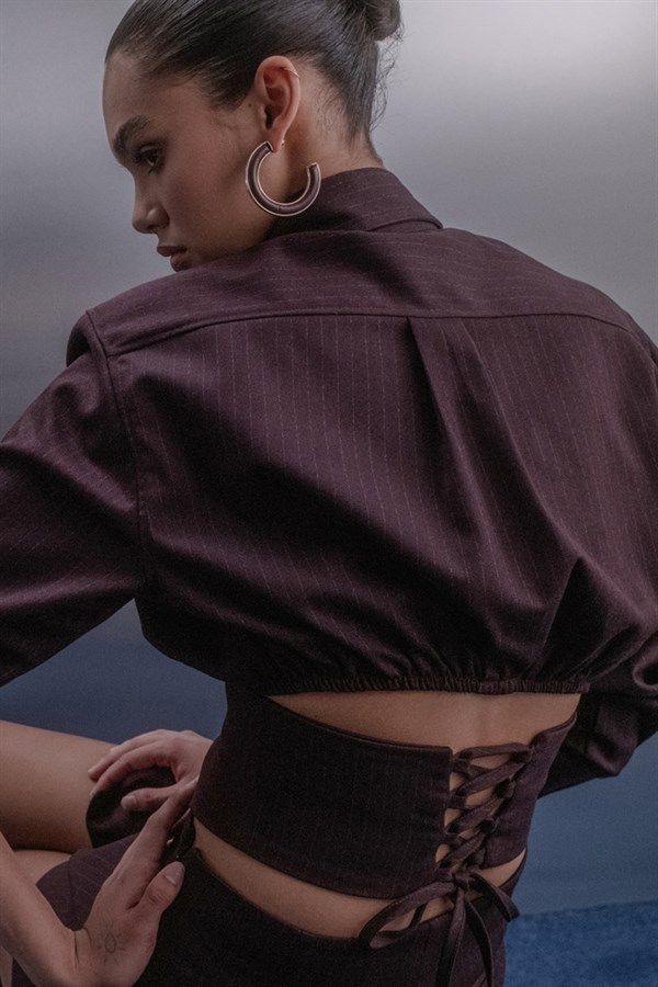 Premium Beli Korsajlı Gömlek Bordo