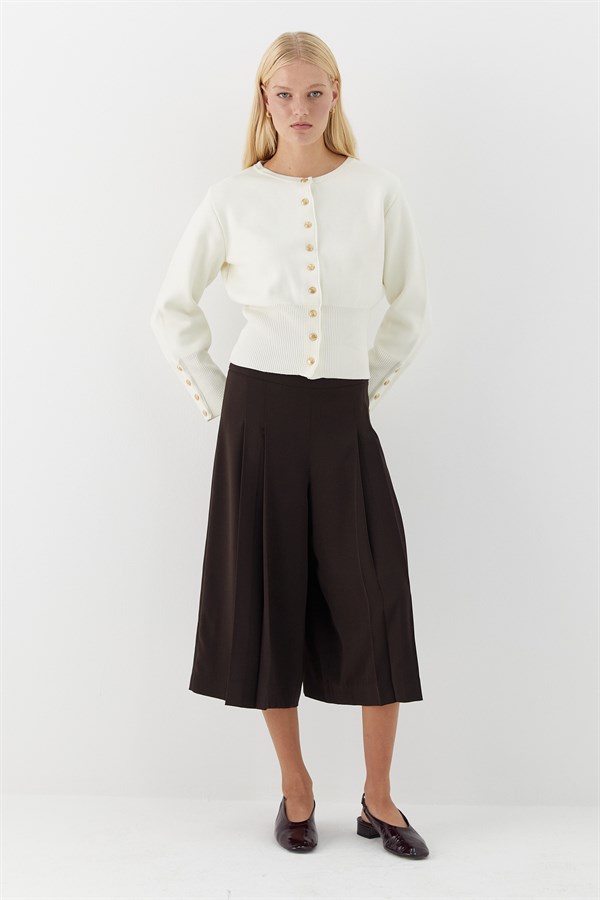 Premium Ribana Detaylı Triko Hırka Ekru