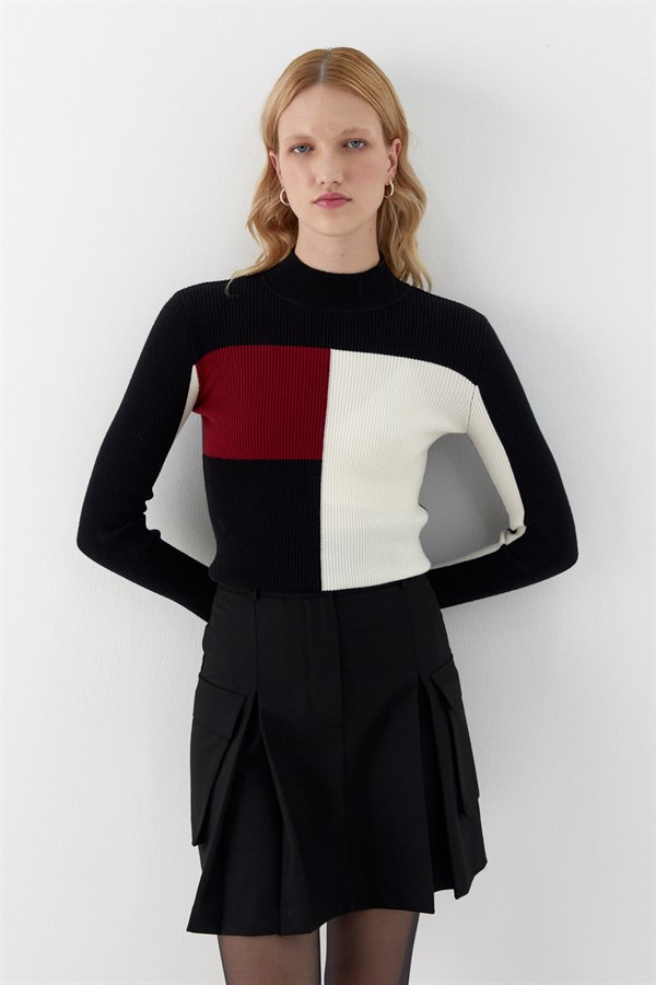 Renk Blok Detaylı Basic Kazak Siyah