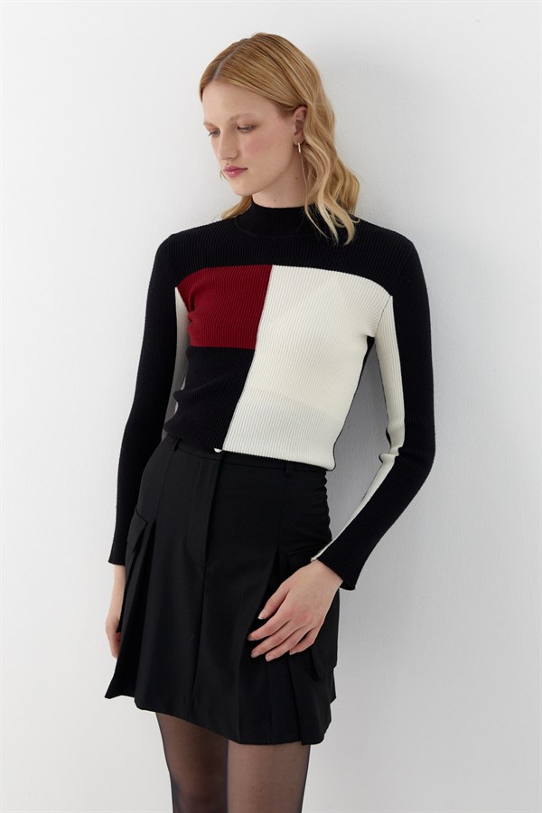 Renk Blok Detaylı Basic Kazak Siyah