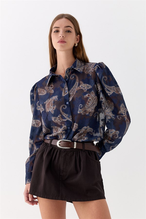Şal Desenli Gömlek Lacivert