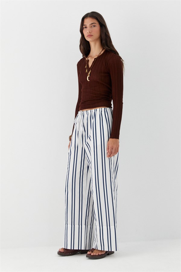 Şeritli Dökümlü Poplin Pantolon Beyaz