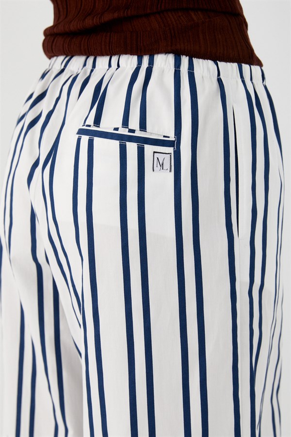 Şeritli Dökümlü Poplin Pantolon Beyaz