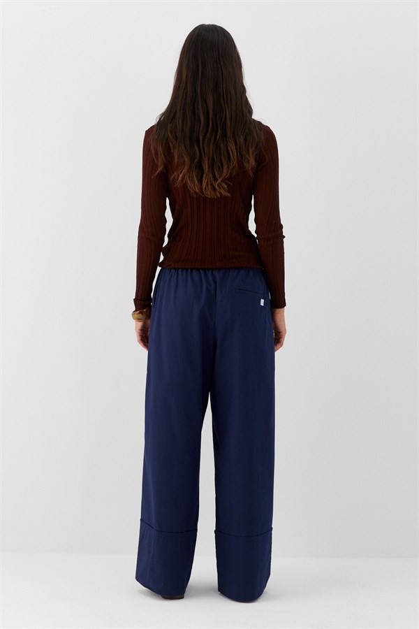 Şeritli Dökümlü Poplin Pantolon Lacivert