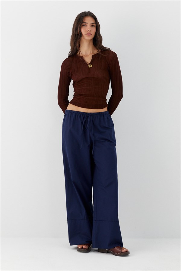 Şeritli Dökümlü Poplin Pantolon Lacivert