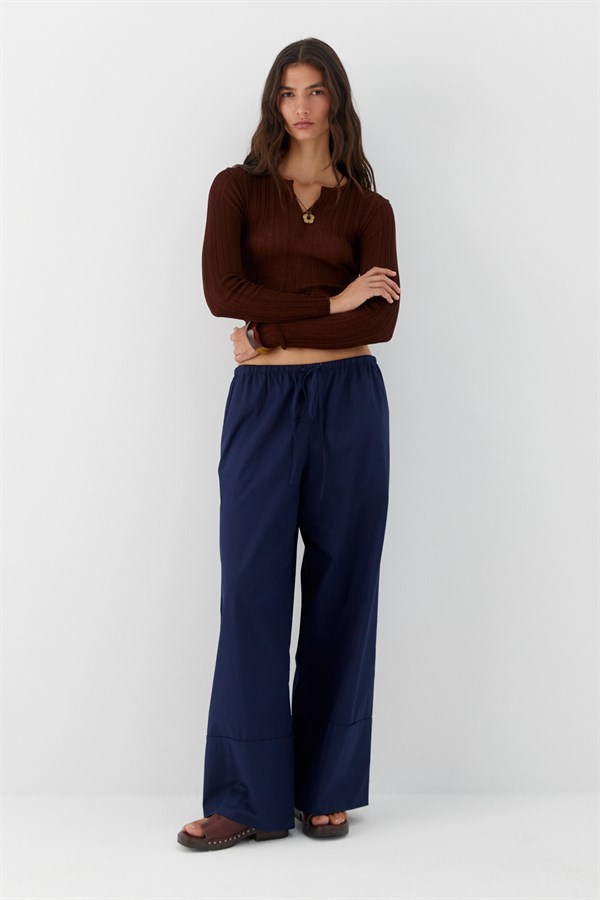 Şeritli Dökümlü Poplin Pantolon Lacivert