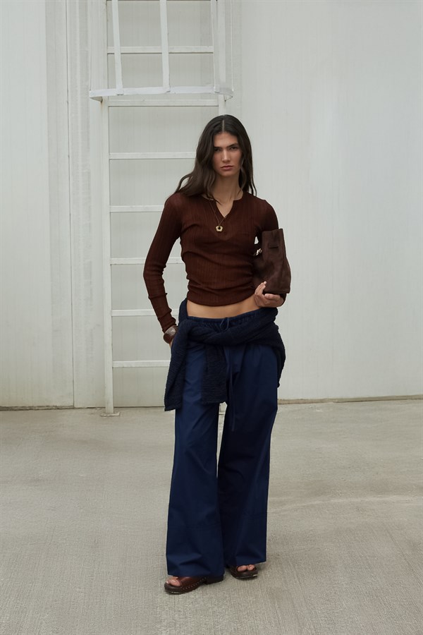 Şeritli Dökümlü Poplin Pantolon Lacivert