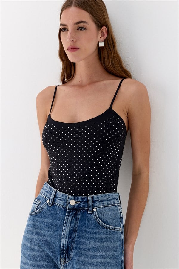 Taş Detaylı Çıtçıtlı Body Siyah