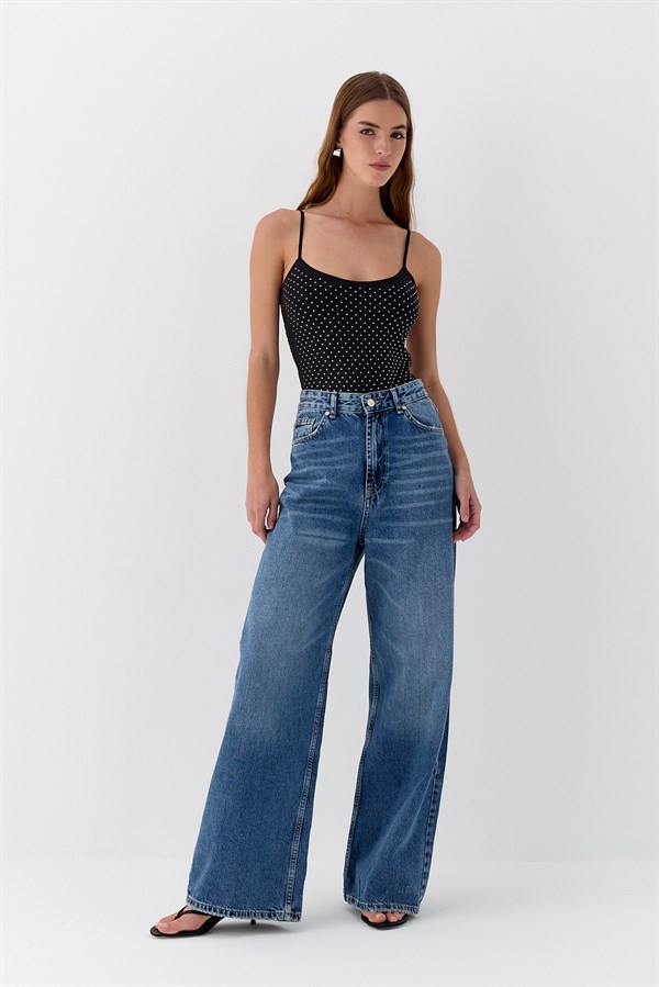Taş Detaylı Çıtçıtlı Body Siyah