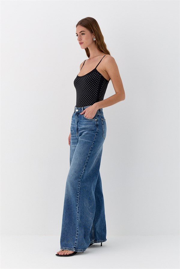 Taş Detaylı Çıtçıtlı Body Siyah