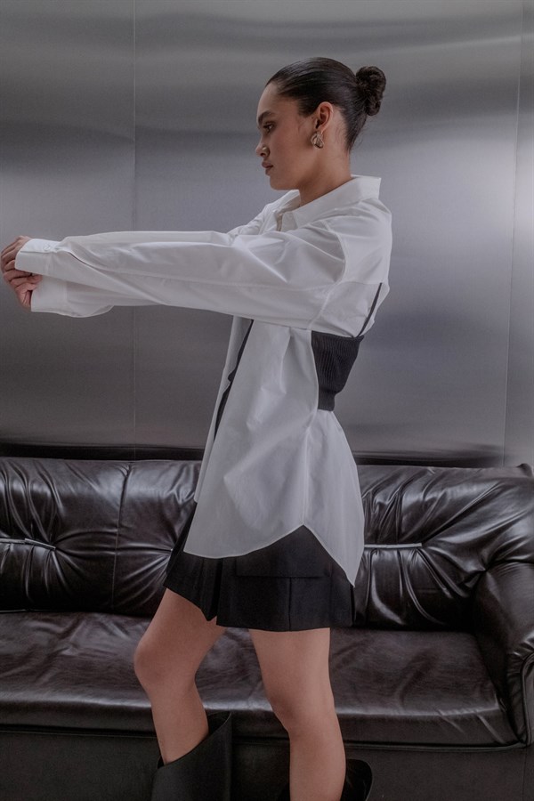 Triko Detaylı Poplin Gömlek Beyaz