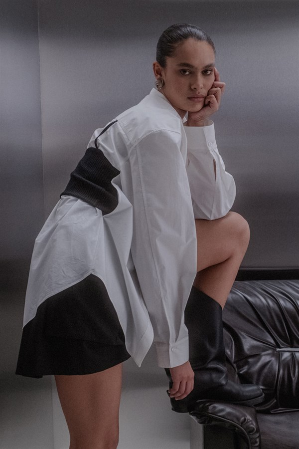 Triko Detaylı Poplin Gömlek Beyaz