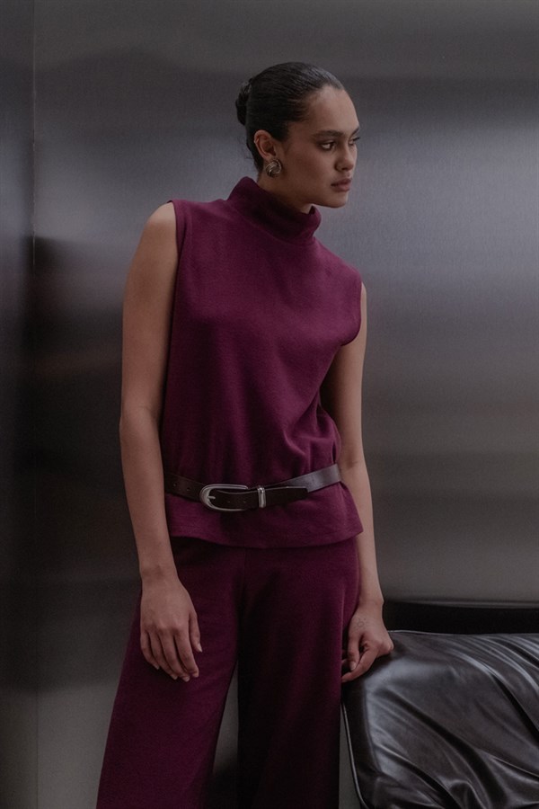 Triko Görünümlü Örme Bluz Bordo