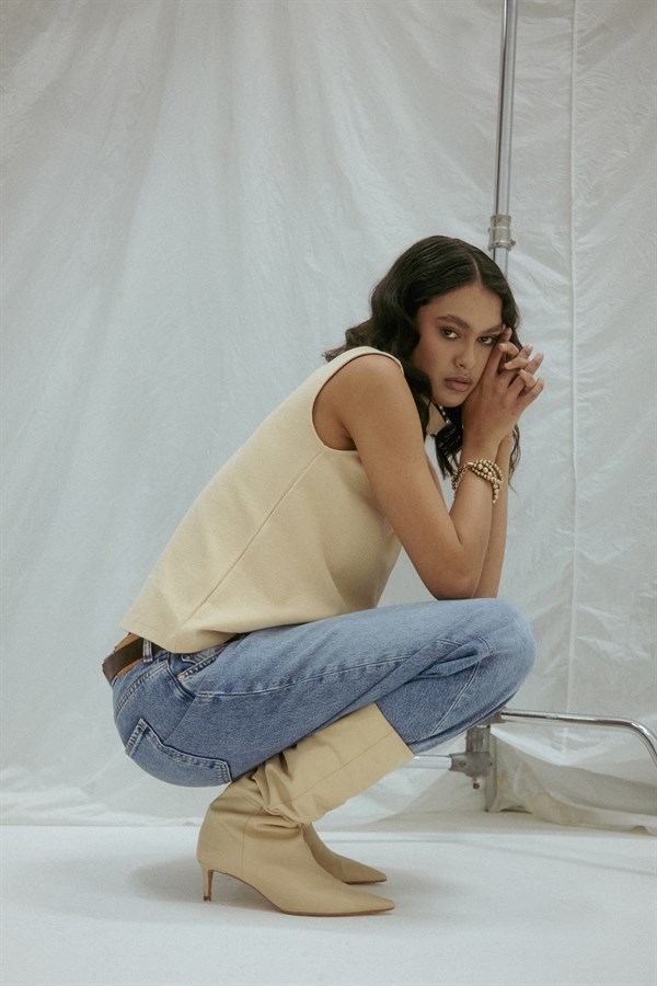 Triko Görünümlü Örme Bluz Krem