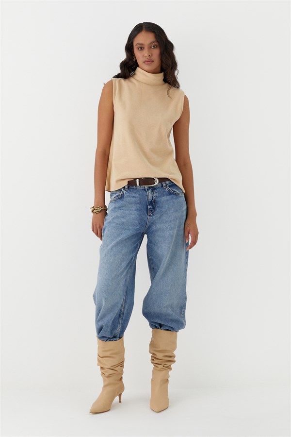 Triko Görünümlü Örme Bluz Krem