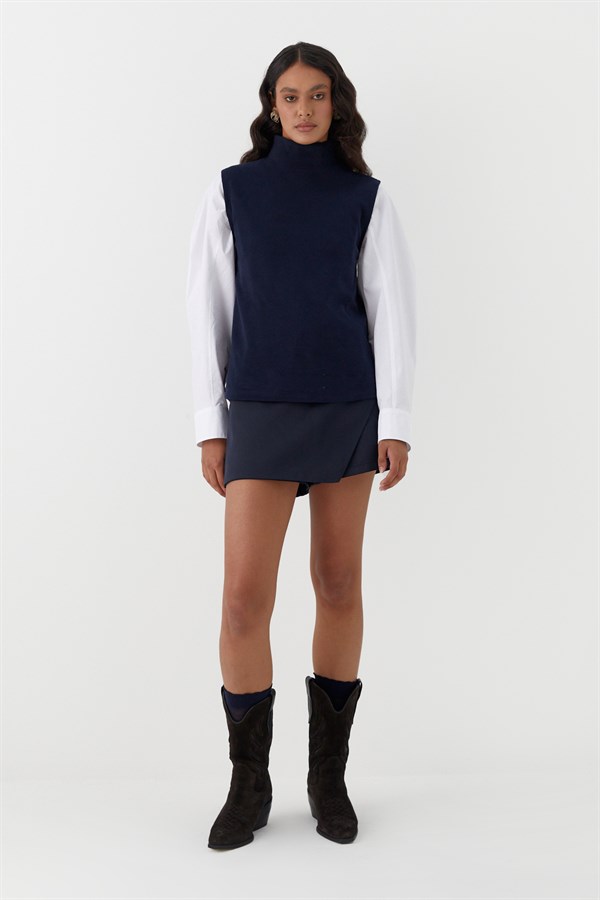 Triko Görünümlü Örme Bluz Lacivert